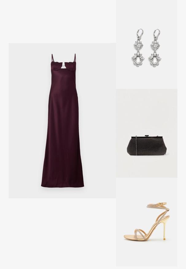 Bordeauxfarbene Satinkleid Maxi mit dünnen Trägern, taillierten Oberteil und einzigartigen blattförmigen Akzenten am Ausschnitt. Glatte Textur und schlanke Silhouette.; ALDO MANAELDEN - High Heel Sandalette - gold-coloured; Schwarze Mesh-Clutch mit strukturierter Silhouette, verziert mit kleinen metallic-nieten, besitzt einen Verschluss mit Klappe und einen abnehmbaren Kettenriemen.; Silberfarbene Ohrringe mit mehreren klaren Kristallgemmen in Tropfen- und Marquiseformen, mit Klappverschluss und kunstvollen Details.