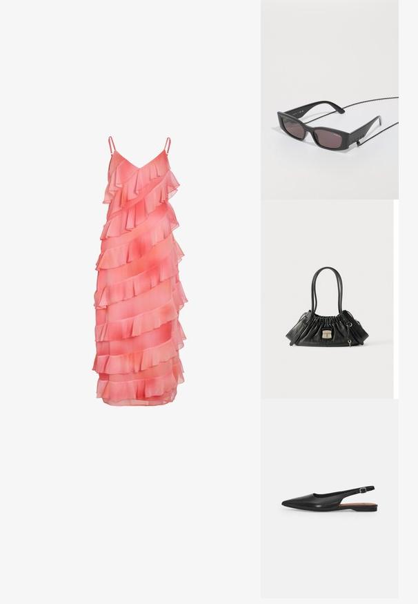 Robe sans manches rose corail avec volants superposés en diagonale et fines bretelles sur fond blanc.; Chaussure slingback en cuir noir avec un bout pointu, un léger éclat et une bride de cheville réglable. Talon plat avec une semelle intérieure marron.; Lunettes de soleil noires rectangulaires avec des verres teintés. Équipées d'une attache chaîne pour un port sécurisé. Fabriquées en plastique léger avec une finition mate.; Sac à main en cuir noir avec un haut froncé, deux bretelles, des compartiments latéraux zippés et un fermoir en argent portant l'étiquette "Marc Jacobs" avec un petit charme en forme de clé.