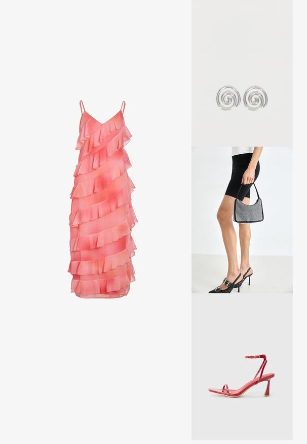 Robe sans manches rose corail avec volants superposés en diagonale et fines bretelles sur fond blanc.; Sandale en cuir verni rouge avec deux fines sangles, une sangle au niveau de la cheville avec une boucle, et un talon géométrique unique. Texture lisse et design à bout ouvert.; Sac à main à perles noires avec une silhouette courbée, une poignée de transport et une texture brillante. Porté avec des chaussures à talons hauts noires et un short noir ajusté.; Paire de boucles d'oreilles en forme d'anneau spirale en argent avec un design lisse et arrondi sur fond blanc uni.