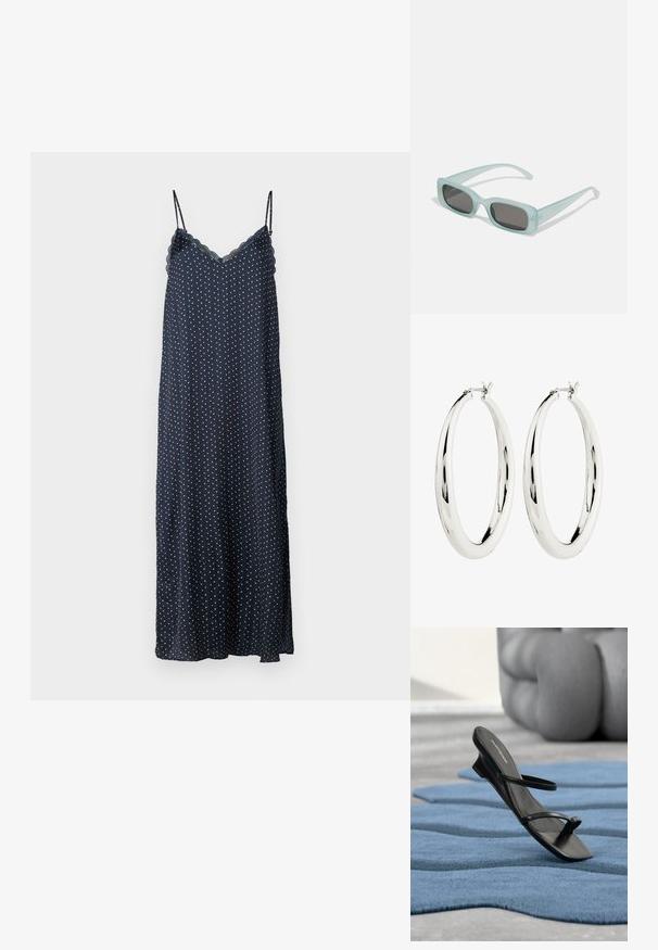 Navy-blaues ärmelloses Nachthemd mit weißen und roten Punkten, gewelltem Ausschnitt und einem langen, fließenden Design aus weichem Stoff.; Schwarze Riemchensandale mit Zehenring, auf einem blau strukturierten Teppich präsentiert, mit einem großen grauen Dekorationsobjekt unscharf im Hintergrund.; Ein Paar rechteckige Sonnenbrillen mit lichtblauen, halbtransparenten Rahmen und dunkelgrauen Gläsern, ausgestattet mit geraden Bügeln und minimalen Hardware-Details.; Silberne Creolen mit einer glatten, reflektierenden Oberfläche. Runde, große Form mit einem sicheren Verschluss an der Oberseite. Polierte Oberfläche betont den Glanz.