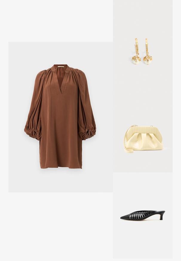 Robe mini marron à manches longues avec un décolleté en V profond, des manches bouffantes froncées et des poignets élastiques sur un fond blanc uni.; Mule en cuir noir avec bout pointu, design découpé à brides et petit talon kitten sur fond blanc.; Pochette en cuir couleur crème avec un cadre supérieur structuré et une lanière pour poignet, présentée sur un fond clair uni.; Boucles d'oreilles créoles en or avec des perles blanches pendantes serties d'or et de petits cristaux clairs sur un fond clair uni.