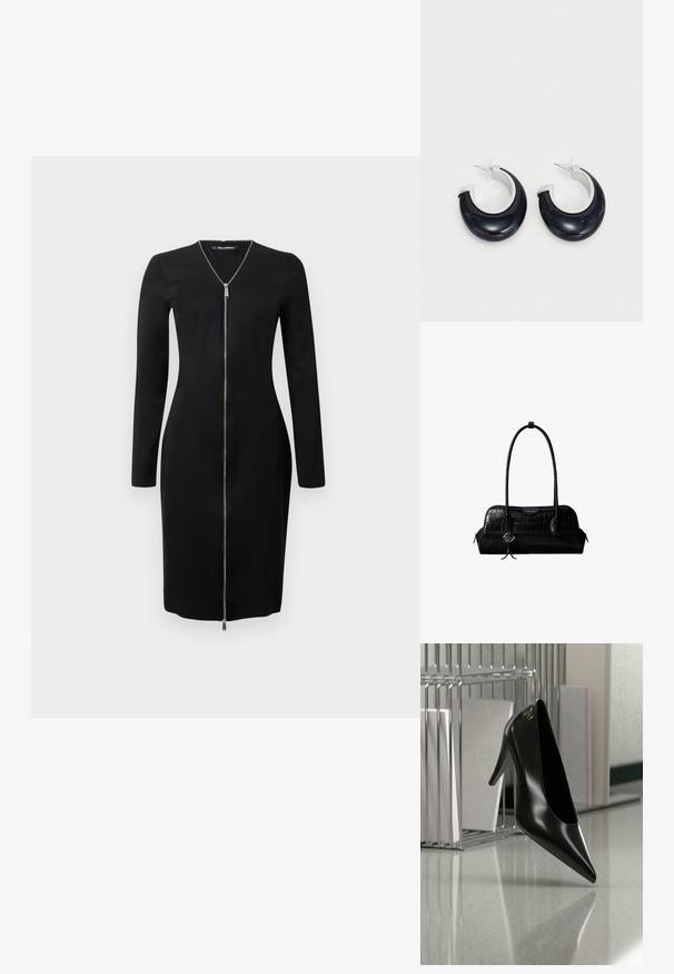 Schwarzes Langarmkleid mit einer figurbetonten Passform, ausgestattet mit einem Reißverschluss auf der Vorderseite und silbernen Elementen. Glatte Textur, knielange Passform.; Schwarzer High-Heel-Schuh mit spitzer Zehe und goldem Logo, auf einer reflektierenden Oberfläche nahe einem verchromten Draht-Organizer mit Dokumenten positioniert.; Schwarze Umhängetasche aus krokodilstrukturiertem Leder mit langen Riemen und einem kleinen silbernen Logocharm an einem Riemen.; Schwarze Harz-Hoops mit glänzender Oberfläche und silberfarbenen Hardware-Details. Zirkulare Form mit Ausschnitt und Post-Back-Verschluss.
