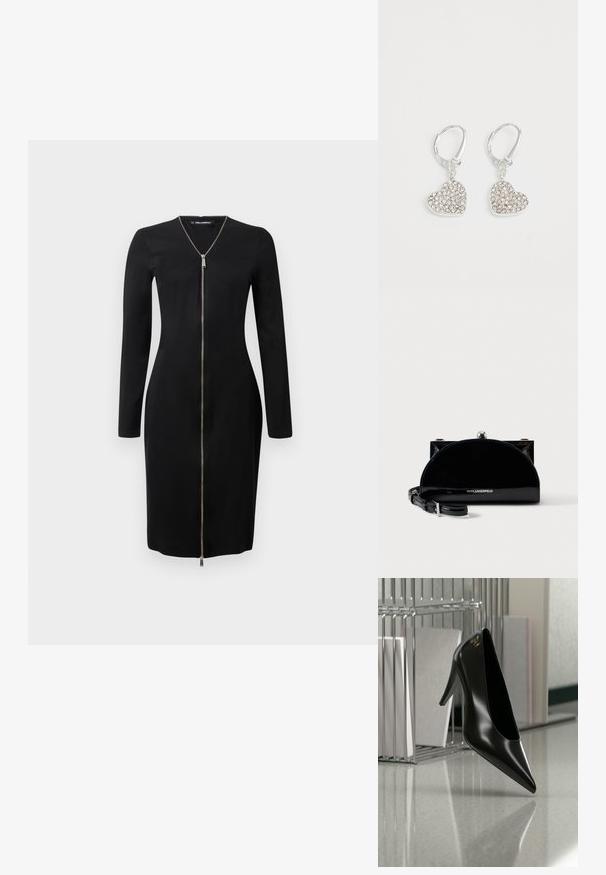 Vestido negro de manga larga con un diseño ajustado, que presenta una cremallera frontal y detalles en plata. Textura suave, largo hasta la rodilla.; Zapato de tacón alto negro con punta afilada y logo dorado, colocado sobre una superficie reflectante cerca de un organizador de archivos de alambre cromado con documentos.; Bolso de mano negro brillante en forma de media luna con cierre de marco plateado y correa ajustable, con el logo de Karl Lagerfeld en la parte frontal.; Pendientes en forma de corazón de plata, incrustados con piedras de strass transparentes, que cuentan con cierres de palanca para un uso seguro.