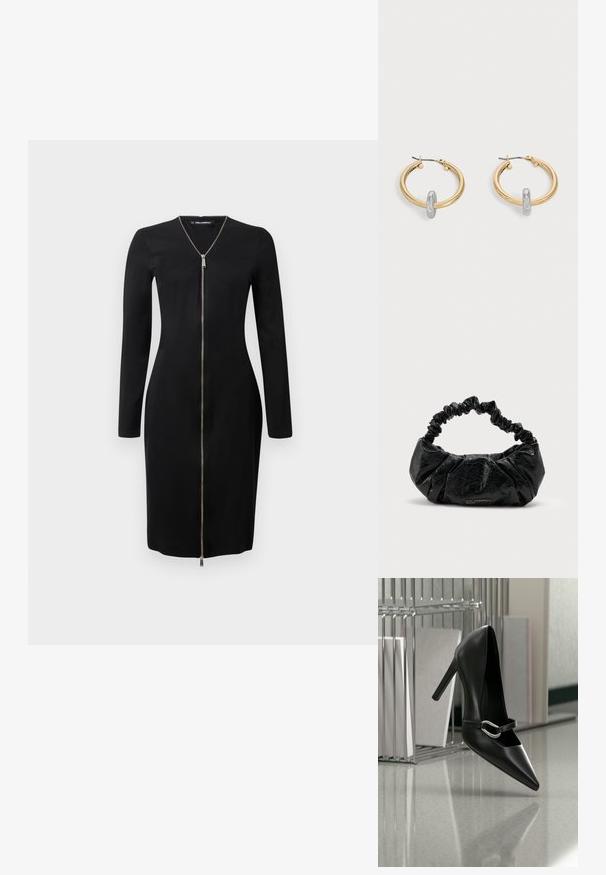 Vestido negro de manga larga con un diseño ajustado, que presenta una cremallera frontal y detalles en plata. Textura suave, largo hasta la rodilla.; Zapato de tacón alto negro con puntera y correa con hebilla plateada, colocado sobre una superficie reflectante cerca de un organizador de archivos metálico que sostiene papeles.; Bolso de mano de cuero negro texturizado con asa elástica fruncida y sutil logo "Karl Lagerfeld Jeans" en el centro inferior delantero.; Par de pendientes de aro en tono dorado con pequeño detalle de aro en tono plateado en cada uno, expuestos sobre un fondo gris claro.