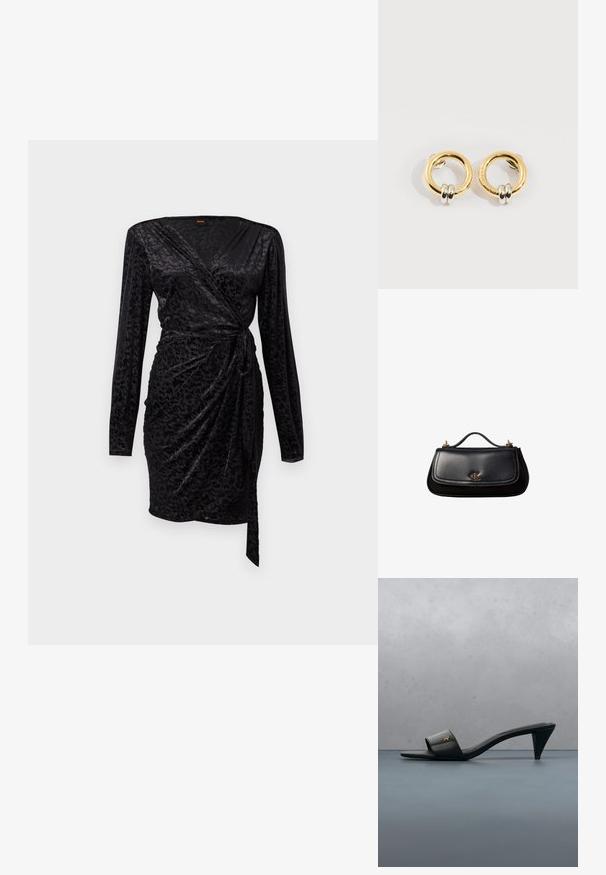 Schwarzes Wickelkleid mit langen Ärmeln, weichem, strukturiertem Stoff mit einem dezenten Muster und einem gebundenen Taillendetail für eine figurbetonte Silhouette.; Schwarze Leder-Sandalette mit offenem Zehenbereich und Absatz, mit goldenem Logo am Riemen, schwebt über einem gefliesten Außenbelag mit Grünpflanzen im Hintergrund.; Schwarze Lederhandtasche mit kleinem Griff, goldfarbenem "cK" Logo auf der Frontklappe und goldfarbenen Hardware-Akzenten.; Goldene runde Ohrringe mit jeweils zwei kleinen silbernen Ringen, die dezent gravierte Markennamen zeigen, vor weißem Hintergrund platziert.