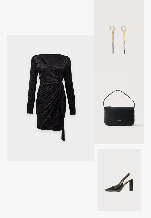 Robe noire portefeuille avec des manches longues, en tissu doux avec une texture subtile et un motif discret, et un détail de taille nouée pour une silhouette ajustée.; Chaussure slingback femme en cuir noir avec bout pointu et talon bloc épais et haut sur fond blanc.; Sac d'épaule rectangulaire en cuir noir avec une petite plaque logo "HUGO" en or et une seule fine bandoulière.; Boucles d'oreilles pendantes en or et argent avec fermoirs à levier, présentant une barre en or reliée à une barre en argent gravée "DKNY" sur un fond blanc.