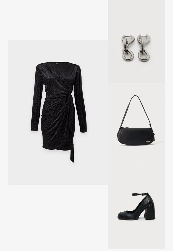 Schwarzes Wickelkleid mit langen Ärmeln, weichem, strukturiertem Stoff mit einem dezenten Muster und einem gebundenen Taillendetail für eine figurbetonte Silhouette.; Schwarzer Leder-Pumps mit abgerundetem Zehenbereich und verstellbarem Knöchelriemen mit goldener Schnalle auf schlichter heller Hintergrundfläche.; Schwarze Lederschultertasche mit geschwungener Klappe, goldenem "HUGO" Logo auf der Vorderseite und einem verstellbaren Riemen.; Paar silberfarbene Metallohrringe mit abstraktem ineinandergreifendem Schlaufen-Design auf weißem Hintergrund.