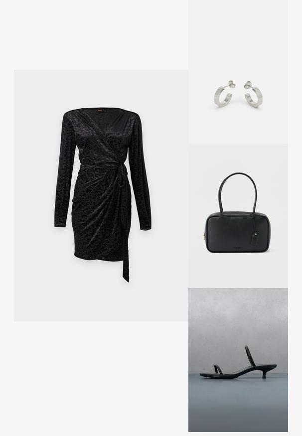 Schwarzes Wickelkleid mit langen Ärmeln, weichem, strukturiertem Stoff mit einem dezenten Muster und einem gebundenen Taillendetail für eine figurbetonte Silhouette.; Schwarze Calvin Klein Sandalette mit dünnen Riemen und Absatz, balanciert auf Holzfliesen im Freien neben einer Wand und Grünpflanzen.; Schwarze rechteckige Handtasche mit doppelten, abgerundeten Griffen, goldfarbenem Reißverschluss und geprägtem „HUGO“-Logo auf der Vorderseite sowie angebrachtem Lederanhänger.; Silberne Metall-Hoops mit strukturiertem Design, ausgestattet mit einem kleinen Steckverschluss und Branding an einem Hoop. Abgerundete Form mit glänzender Oberfläche.