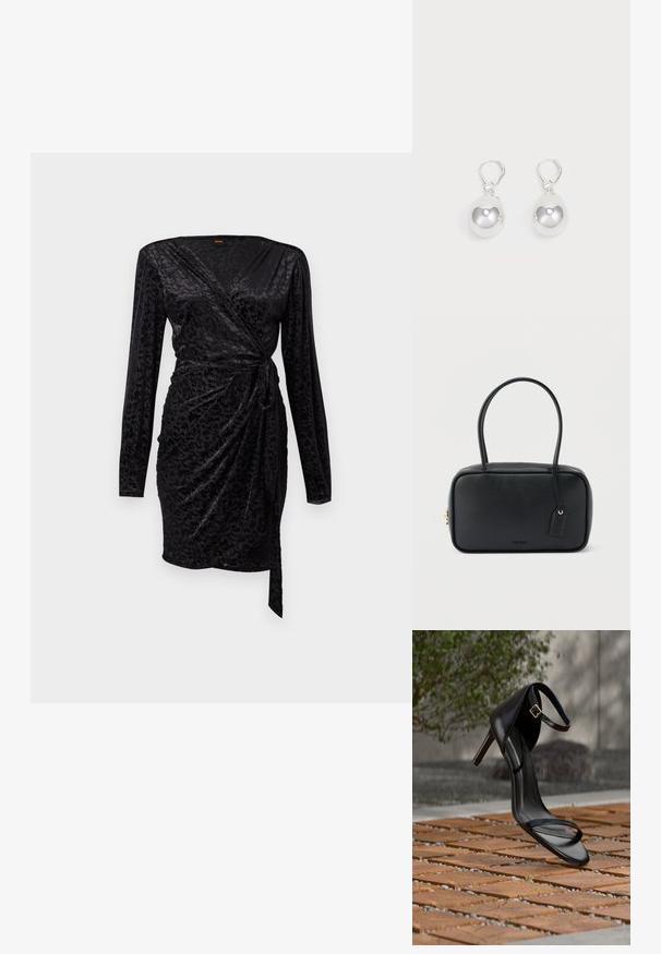 Schwarzes Wickelkleid mit langen Ärmeln, weichem, strukturiertem Stoff mit einem dezenten Muster und einem gebundenen Taillendetail für eine figurbetonte Silhouette.; Schwarze Sandalette mit hohem Absatz und Knöchelriemen schwebt über einem Holzboden im Freien vor verschwommenem Grün und Steinhintergrund.; Schwarze rechteckige Handtasche mit doppelten, abgerundeten Griffen, goldfarbenem Reißverschluss und geprägtem „HUGO“-Logo auf der Vorderseite sowie angebrachtem Lederanhänger.; Silberne Tropfenohrringe mit glatten, runden, reflektierenden Oberflächen, die an Hakenverschlüssen hängen. Der Hintergrund ist reinweiß.