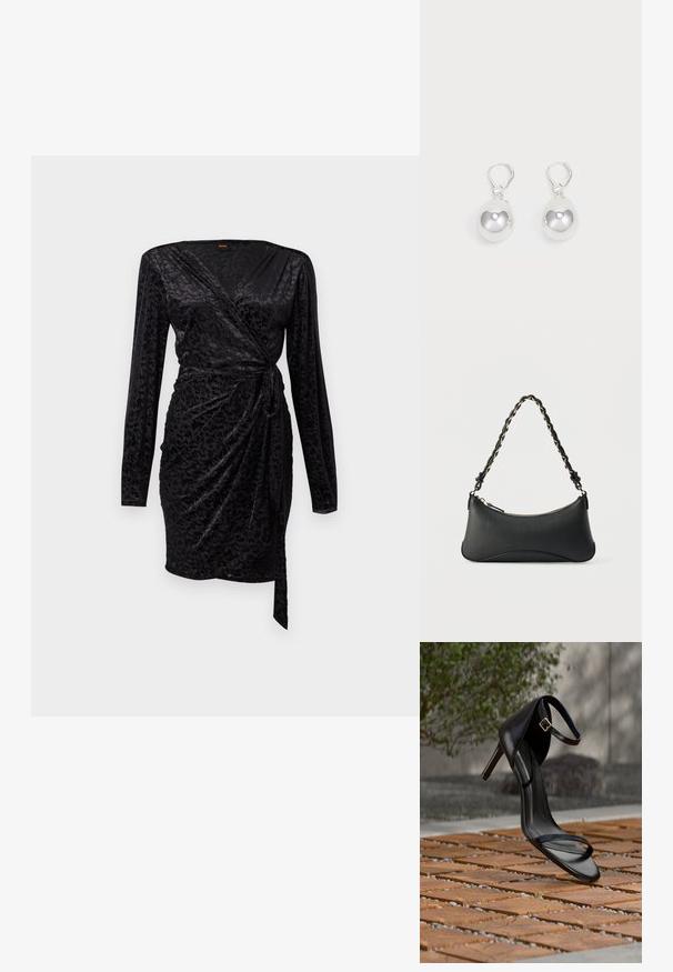 Robe noire portefeuille avec des manches longues, en tissu doux avec une texture subtile et un motif discret, et un détail de taille nouée pour une silhouette ajustée.; Sandale noire à talon haut avec sangle à la cheville, suspendue au-dessus d'un sol en carreaux de bois à l'extérieur, avec un arrière-plan flou de verdure et de pierre.; Sac à bandoulière en cuir noir de forme rectangulaire incurvée, avec une chaîne dorée tissée dans la bandoulière noire tressée et une fermeture éclair sur le dessus.; Boucles d'oreilles en argent en forme de goutte avec des surfaces lisses, rondes et réfléchissantes, suspendues à des fermoirs à ressort. L'arrière-plan est blanc uni.