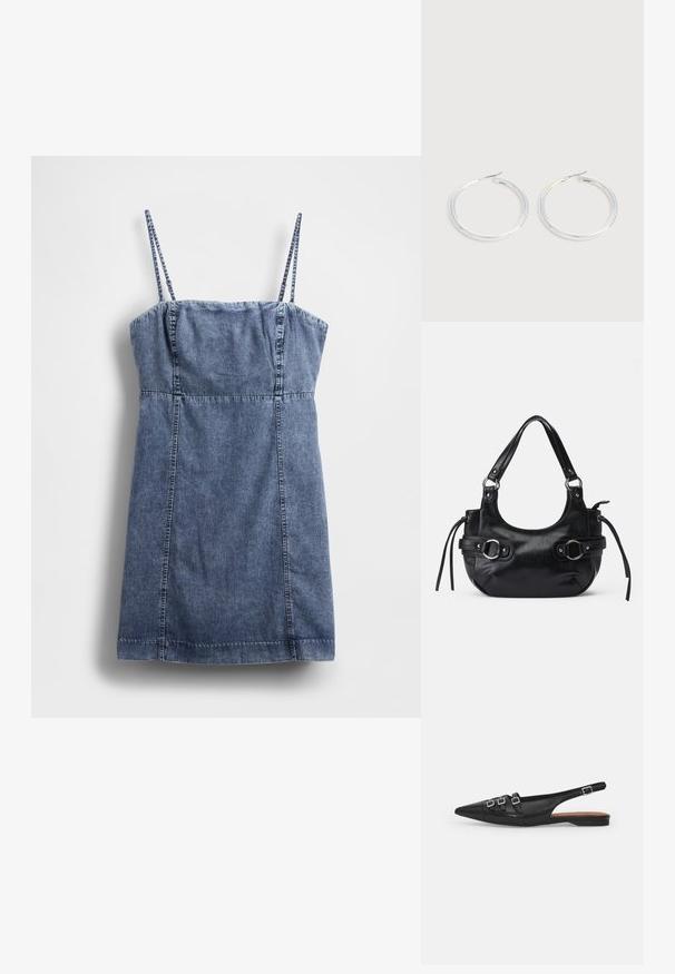 Vestido vaquero con tirantes finos, cuerpo entallado y falda acampanada. Presenta un lavado azul oscuro y detalles cosidos a lo largo de las costuras.; Zapato plano slingback de cuero negro con puntera puntiaguda, que presenta dos correas horizontales y hebillas plateadas cuadradas, tacón bajo y textura suave.; Bolso de cuero negro con forma redondeada, que cuenta con dos hebillas laterales, textura suave y una correa corta para el hombro. Los detalles incluyen borlas laterales.; Pareja de pendientes de aro plateados brillantes con cierres de alambre delgado, mostrados sobre un fondo gris claro.
