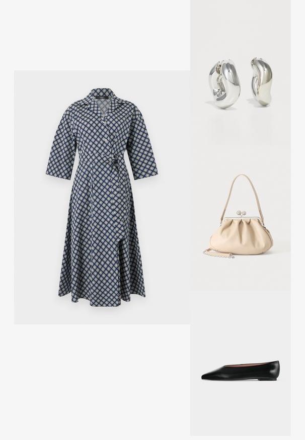 Robe portefeuille bleu marine à motif géométrique blanc, manches trois-quarts, large col et taille nouée, coupe trapèze longueur genou.; Chaussure plate en cuir noir pour femme, avec bout pointu et petit talon, vue de côté sur un fond gris clair uni.; Sac à main en cuir souple beige avec un fermoir en métal argenté, une bandoulière simple et une bandoulière chaîne optionnelle sur fond blanc.; Boucles d'oreilles sculpturales en argent avec des formes douces et courbes et des surfaces réfléchissantes. Présentent un design de boucle fermée et une forme organique distincte.