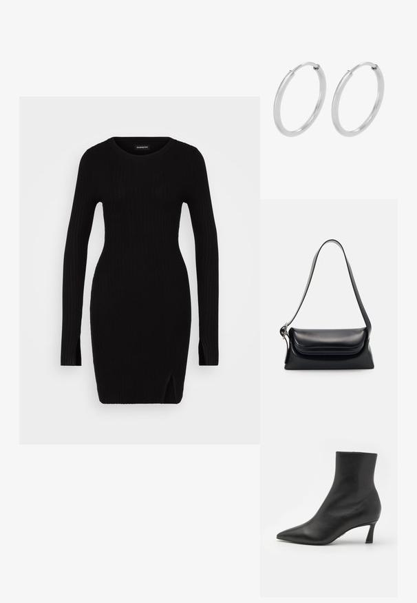 Zwart geribbeld gebreid jurkje met lange mouwen, ronde halslijn, zijsplitten en een getailleerde silhoeët, dat een gladde textuur en minimalistisch ontwerp tentoonstelt.; Steve Madden LULAH - Enkelkaarsjes - black; Zwarte leren handtas met een gestructureerde vorm, een gladde textuur en een enkele schouderband. Heeft een subtiele, afgeronde klepontwerp.; Zilveren hoepeloorbellen, cirkelvormig, met een gladde glanzende textuur en een constante breedte. Minimalistisch ontwerp zonder extra accenten.