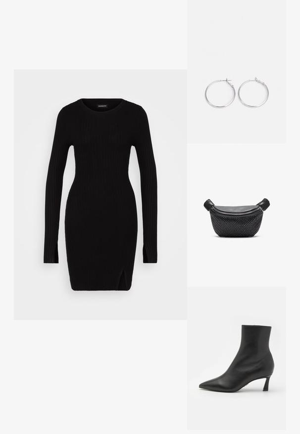 Vestido de punto negro con canalé, mangas largas, escote redondo, aberturas laterales y silueta ajustada, que muestra una textura suave y un diseño minimalista.; Steve Madden LULAH - Botines bajos - black; Bolso de mano negro con parte superior de cuero liso y base texturizada cubierta de tachuelas plateadas, que cuenta con un cierre de cremallera y doble asa.; sweet deluxe EARRING - Pendientes - silver-coloured