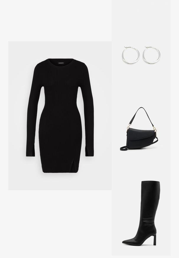 Sort ribbet strikkjole med lange ærmer, rund halsudskæring, sideslidser og tætsiddende silhuet, der fremhæver en glat tekstur og minimalistisk design.; Even&Odd by Zalando Høje støvler/ Støvler - black; Sort læderhåndtaske med en struktureret overflade, der har en enkelt skulderrem og guld hardware-detaljer. Designet er slankt og minimalistisk.; Sølv hoops øreringe har et glat, afrundet design med en slank profil og sikker spænde. Minimalistisk stil med en poleret finish.
