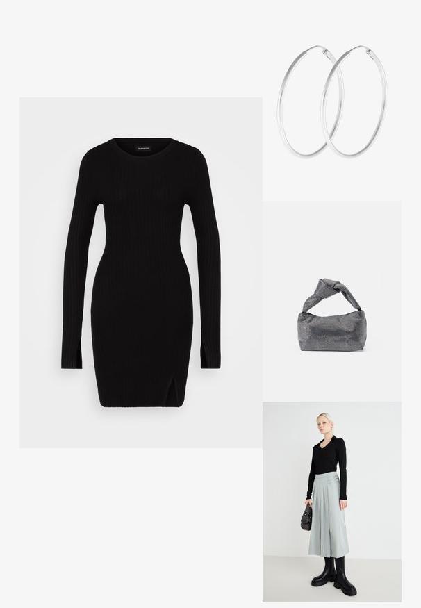 Sort ribbet strikkjole med lange ærmer, rund halsudskæring, sideslidser og tætsiddende silhuet, der fremhæver en glat tekstur og minimalistisk design.; Sort langærmet top, lys grå plisseret nederdel med dobbelte spænde detaljer, og sorte chunky-såle støvler; sølv- håndtaske med dekorationer.; Sorte og sølv håndtaske med en tekstureret overflade, der har et diamantmønster, en knyttet håndtag og en struktureret form.; Sølvfarvede hoop øreringe med en glat, rund form og en poleret overflade. Begge øreringe er i samme størrelse og har en sikker lukke mekanisme.