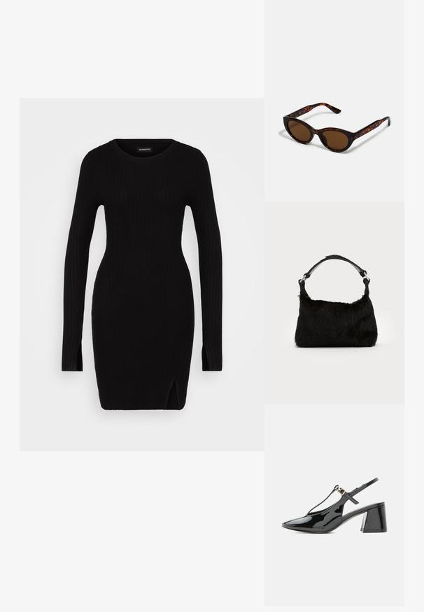 Vestido de punto negro con canalé, mangas largas, escote redondo, aberturas laterales y silueta ajustada, que muestra una textura suave y un diseño minimalista.; Zapato slingback de charol negro con tacón bajo, punta puntiaguda y tira en T con una pequeña hebilla dorada.; Gafas de sol de carey marrón con una forma vintage de ojo de gato y lentes marrones. Presentan brazos curvados con acentos rojos.; Bolso de mano de piel sintética negra con una textura suave, forma redondeada y una resistente correa de cuero negro para el hombro. Acentos de herrajes plateados visibles.