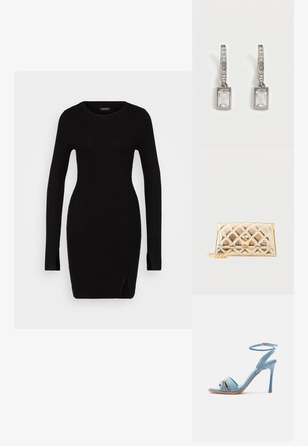 Zwart geribbeld gebreid jurkje met lange mouwen, ronde halslijn, zijsplitten en een getailleerde silhoeët, dat een gladde textuur en minimalistisch ontwerp tentoonstelt.; Lichtblauwe denim hooggehakte sandaal met enkelriem, open teen en zilveren rits- en sierdetail op de voorste band.; Gouden metallic gewatteerde clutch met hartvormige slot en bijbehorende gouden ketting op witte achtergrond.; Zilveren oorringen met kleine ronde kristallen en rechthoekige transparante edelsteenhangers op een witte achtergrond.