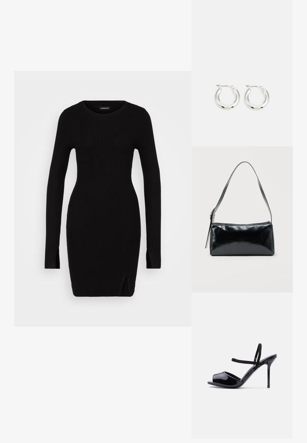 Sort ribbet strikkjole med lange ærmer, rund halsudskæring, sideslidser og tætsiddende silhuet, der fremhæver en glat tekstur og minimalistisk design.; Sort lakåben peep-toe højhælet sandal med tynde stropper omkring anklen og vristen mod en ensartet lys baggrund.; Sort rektangulær skuldertaske med en enkelt justerbar rem og lynlås i toppen på en ensfarvet baggrund.; Sølv hoop-øreringe med en poleret finish, der har en cirkulær form og en hængslet lukning. Glat tekstur med minimal detaljering.