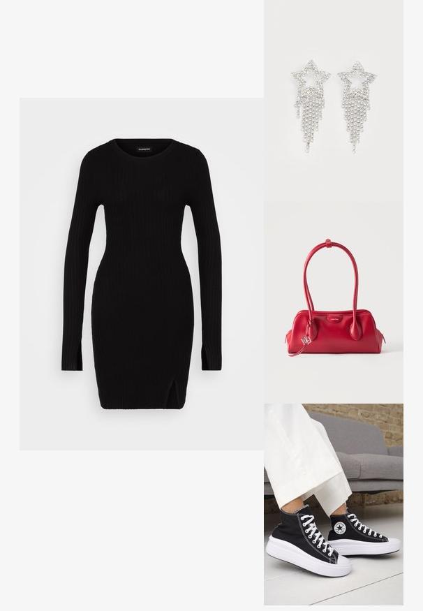 Sort ribbet strikkjole med lange ærmer, rund halsudskæring, sideslidser og tætsiddende silhuet, der fremhæver en glat tekstur og minimalistisk design.; Sorte sneakers med højt skaft, hvide gummisåler og snørebånd. Har en rund logo-patch og kontrasterende hvide syninger. Fremstillet af lærredsmateriale.; Rød Calvin Klein håndtaske med dobbelthåndtag, sølv geometrisk vedhæng og buet rektangulær form, vist på en ensfarvet hvid baggrund.; Rhinestone stjerne øreringe med dryppende frynsedetaljer, præget af sølvfarve og en blank, reflekterende overflade. Stjernedesign med detaljeret udformning.