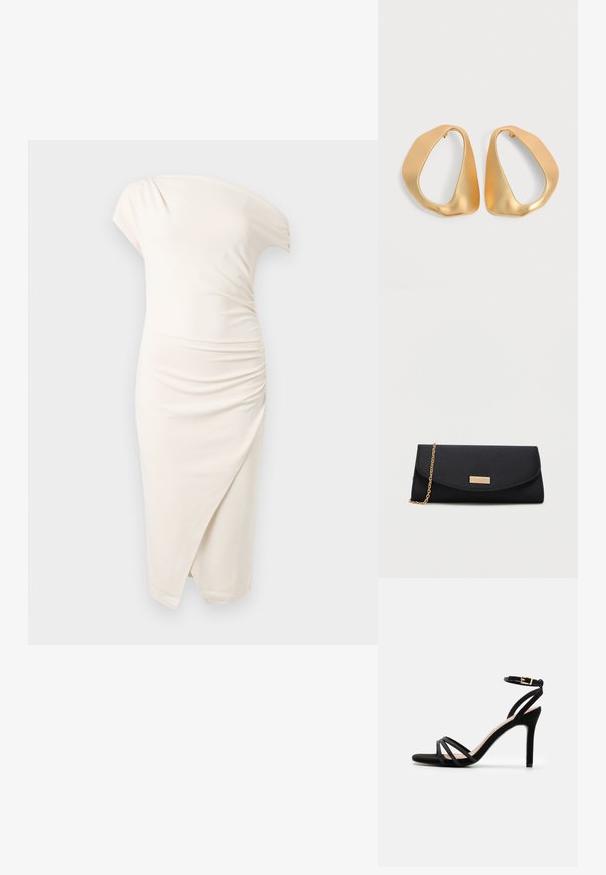 Robe crème clair, longueur genou, à une épaule avec manche courte, détails froncés et jupe portefeuille asymétrique à l'avant.; Anna Field by Zalando Sandales - black; Pochette noire avec une chaîne dorée et une petite plaque rectangulaire dorée sur le rabat avant.; Paire de boucles d’oreilles créoles en or irrégulières et asymétriques avec une finition lisse et mate sur un fond neutre.