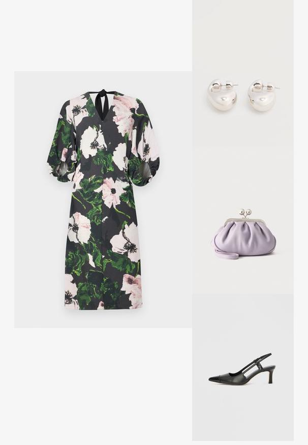Blomsterkjole med sort baggrund; har store lyserøde og grønne blomstermønstre, en V-udskæring, pufærmer og et bånd bagpå.; Sort læder slingback-sko med spids tå, der har en blank accent på tåhætten og en mellemhøj hæl. Åben sidesektion.; Blød lavendel clutch med opsamlet stof, sølv kiss-lock lås og matchende håndledsrem på en ensfarvet lys baggrund.; Par af skinnende sølv store øreringe med lukning på bagsiden mod en ensfarvet hvid baggrund.