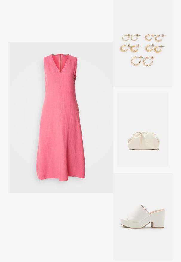 Vestido sin mangas, hasta la rodilla, en lino de color rosa brillante. Presenta un escote en V y una cremallera en la parte trasera, con un acabado de tela suave y texturizado.; Mules blancos de plataforma con un acabado suave, diseño de punta abierta y un tacón grueso. Presenta una costura superior sutil y una suela en contraste.; Bolso de mano de cuero suave de color crema con diseño fruncido y plisado y una delgada correa para el hombro que descansa delante sobre un fondo liso.; Conjunto de pendientes color oro, que presentan diferentes formas: aros pequeños, media lunas voluminosas y acentos de cadena. Acabados lisos y texturizados.