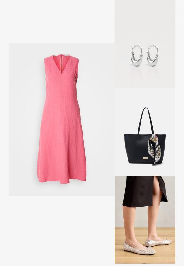 Vestido sin mangas, hasta la rodilla, en lino de color rosa brillante. Presenta un escote en V y una cremallera en la parte trasera, con un acabado de tela suave y texturizado.; Bailarinas de lentejuelas beige con puntera redondeada, que presentan un lazo decorativo, combinadas con una falda negra, exhibidas sobre un suelo de madera.; Bolso de tote de cuero negro con dos asas, decorado con una bufanda de seda floral atada en el asa y un acento metálico con el logotipo en el frente.; Pendientes de aro de plata con forma curva de lágrima y acabado pulido. Presentan un cierre seguro y una textura suave.