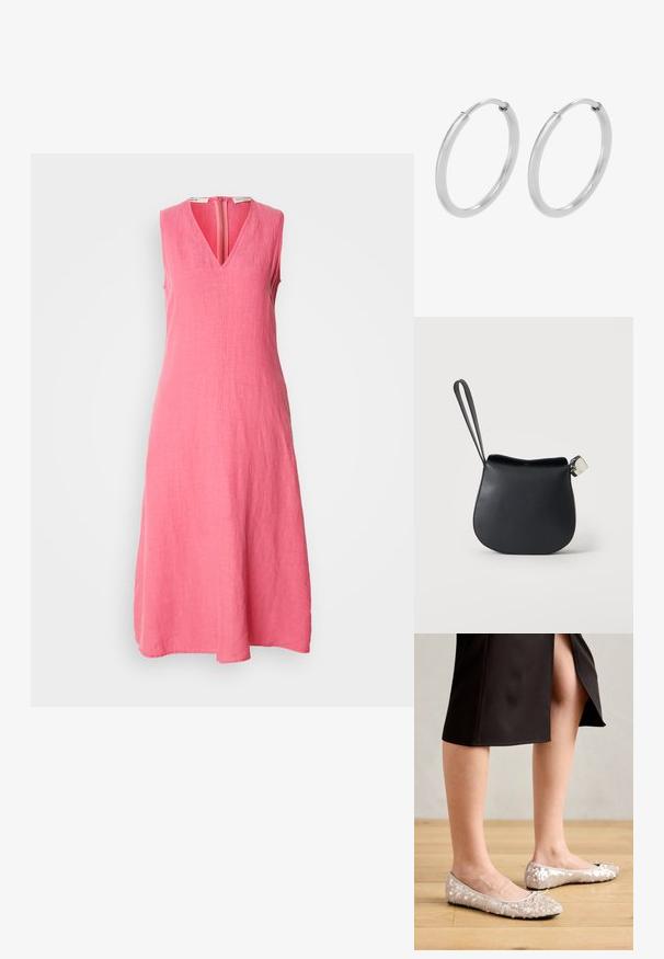 Ärmelloses, knielanges Kleid aus kräftigem rosa Leinen. Mit V-Ausschnitt und einem Reißverschluss in der Mitte hinten, das ein glattes, strukturiertes Stofffinish aufweist.; Beige Glitzer-Ballerinas mit runder Zehenform und Schleifenakzent, kombiniert mit einem schwarzen Rock, auf einem Holzboden präsentiert.; Schwarze Leder-Handgelenktasche mit abgerundetem Boden und silbernem Verschluss auf schlichtem weißem Hintergrund.; Silberne Creolen, kreisförmig, mit glatter, glänzender Oberfläche und gleichbleibender Breite. Minimalistisches Design ohne zusätzliche Akzente.