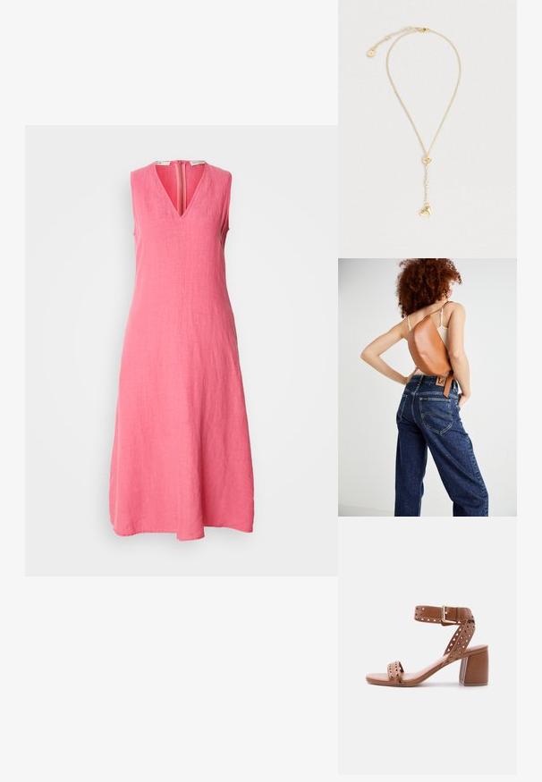 Vestido sin mangas, hasta la rodilla, en lino de color rosa brillante. Presenta un escote en V y una cremallera en la parte trasera, con un acabado de tela suave y texturizado.; Sandalia de cuero marrón con tacón cuadrado, correa en el tobillo y hebilla, con diseños perforados geométricos y florales.; Mochila de cuero marrón con un diseño curvado único. Llevada de forma diagonal, combinada con unos jeans de mezclilla azul de cintura alta con costuras amarillas.; Collar de oro con una cadena delicada, conector ovalado y un pequeño colgante en forma de corazón con superficie brillante, que presenta un diseño sencillo pero elegante.