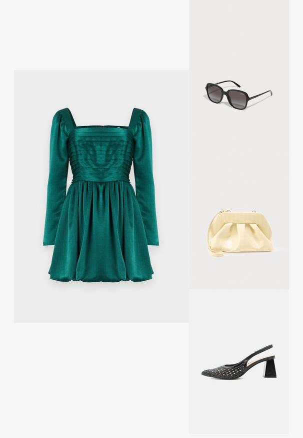 Smaragdfarbenes Kleid mit quadratischem Ausschnitt, langen Puffärmeln und plissiertem Oberteil. Der Rock ist gerafft und kreiert eine voluminöse Silhouette.; Musta slingback-kenkä, jossa on punottu, teräväkärkinen etuosa ja paksu, keskikorkea lohkokorko valkoisella taustalla.; Mustat suurikokoiset aurinkolasit, joissa on liukuväriset linssit, pyöristetyt kulmat ja ohuet mustat sankat, joissa on kultaiset logoyksityiskohdat.; Kermanvärinen nahkainen clutch-laukku, jossa on jämäkkä yläkehys ja ranneside, esillä vaaleaa taustaa vasten.