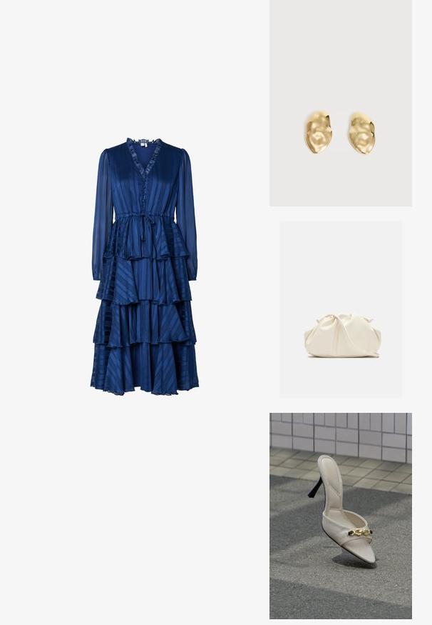 Vestido de manga larga en azul oscuro con escote en V, cierre de botones y volantes en capas. Confeccionado en una tela texturizada con rayas verticales.; Mule beige de tacón alto con detalle de cadena dorada se mantiene erguido sobre el pavimento con una pared alicatada al fondo. No hay personas presentes.; Bolso de mano de cuero suave de color crema con diseño fruncido y plisado y una delgada correa para el hombro que descansa delante sobre un fondo liso.; Par de pendientes de metal dorado brillante, con forma irregular y superficie arrugada y lisa sobre un fondo claro y sencillo.