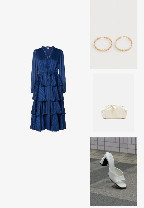 Langärmliges Kleid in Dunkelblau mit V-Ausschnitt, Knopfverschluss und gestuften Rüschen. Hergestellt aus strukturiertem Stoff mit vertikalen Streifen.; Ein weißer offener Mule mit Blockabsatz steht auf grauem Asphalt vor einer gefliesten Wand.; Weiche, cremefarbene Leder-Clutch mit gerafftem Design und einem dünnen Schulterriemen, der vorne auf einem schlichten Hintergrund liegt.; Goldene Creolen mit einem strukturierten Design und kleinen, runden Perlen entlang der äußeren Kante. Leicht und mit sicherem Verschluss.