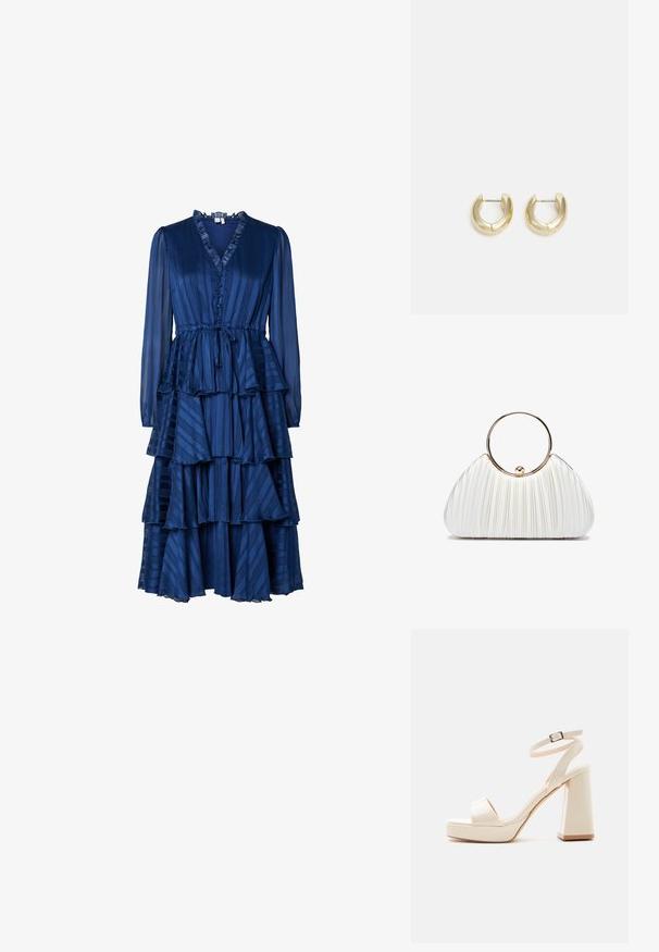Vestido de manga larga en azul oscuro con escote en V, cierre de botones y volantes en capas. Confeccionado en una tela texturizada con rayas verticales.; Sandalia de plataforma beige con tacón grueso de bloque, puntera abierta y correa en el tobillo con hebilla metálica sobre fondo blanco.; Bolso de mano blanco plisado con un asa circular dorada, que presenta un tejido suave y una forma redondeada. Diseño elegante con un acabado texturizado.; Pendientes de aro en tono dorado con un acabado suave y pulido. Presentan una forma de medio círculo y un cierre de poste seguro.