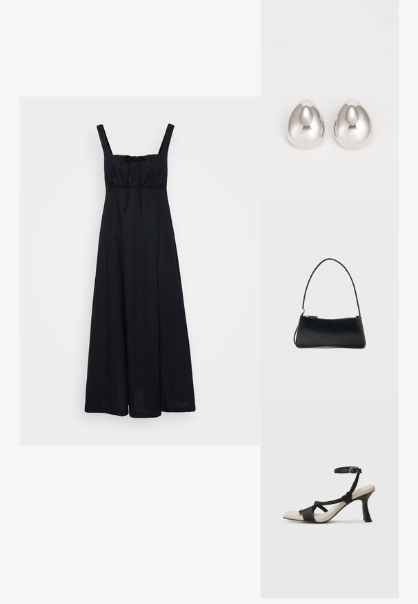 Vestido maxi negro sin mangas con un torso ajustado, escote cuadrado y detalle de lazo en la parte frontal. Hecho de una tela ligera, llega hasta los tobillos.; Sanda¡ía de tacón negro con diseño de tira trenzada, punta cuadrada y correa ajustable en el tobillo. Plantilla de color beige claro con un tacón negro brillante.; Bolso rectangular negro con una correa fina y cierre de cremallera, sobre un fondo blanco liso.; Pendientes de oreja metálicos plateados con un diseño suave y redondeado que recuerda a la forma de una gota, con una superficie reflectante y un acabado sin costuras.