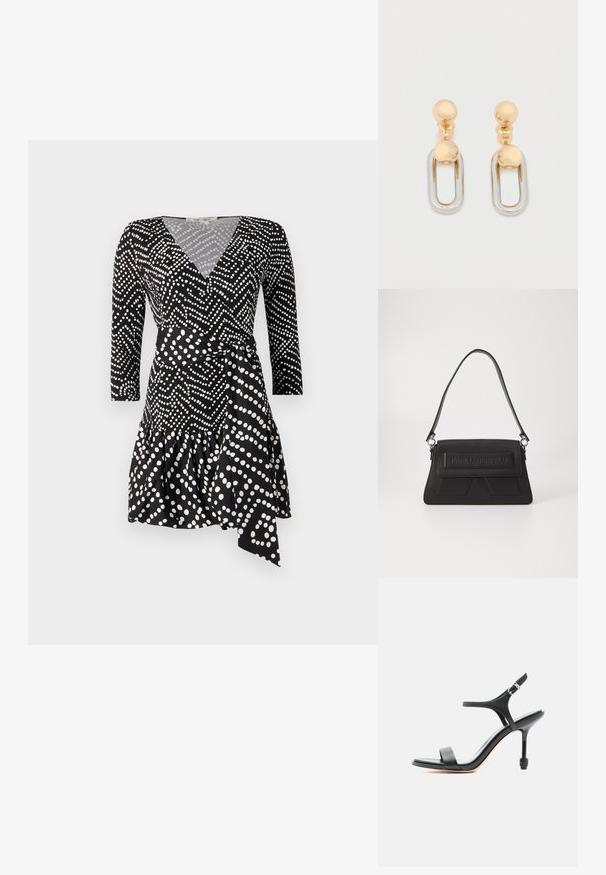 Vestido negro de volantes con lunares blancos, con escote en V, mangas tres cuartos y un dobladillo con volantes, detalle de cintura anudada.; Sandalia negra de cuero con tacón alto, tiras delgadas, puntera abierta y hebilla ajustable en el tobillo, presentada sobre un fondo blanco liso.; Bolso de mano negro con una superficie texturizada, una solapa con cierre de pliegue y un logotipo en relieve, además de una correa de hombro delgada. Forma rectangular con acentos angulares.; Pendientes de oro y plata con una parte superior esférica y un elemento colgante alargado en forma ovalada con un acabado brillante.