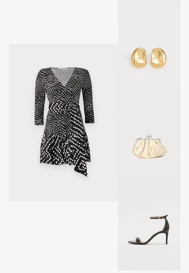 Vestido negro de volantes con lunares blancos, con escote en V, mangas tres cuartos y un dobladillo con volantes, detalle de cintura anudada.; Sándalo de tacón alto de piel negra con tiras en el tobillo. Presenta una textura suave, puntera abierta y un tacón delgado. Detalles de hebilla en tono dorado.; Clutch de cuero beige plisado con un marco de metal plateado, que cuenta con dos broches decorativos redondos y una correa de cadena plateada.; Pendientes de studs en color dorado con una forma suave y redondeada y una superficie reflectante, que exhiben un diseño minimalista y sin patrones visibles.