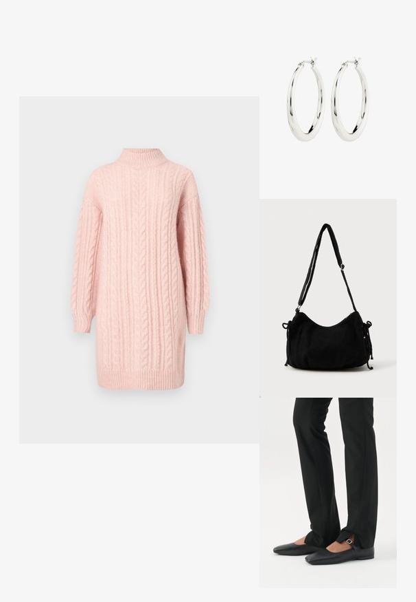 Weiches pinkfarbenes Strickkleid mit langen Ärmeln sowie einem gerippten Stehkragen, Saum und Bündchen auf weißem Hintergrund.; Beine in schwarzen schmalen Hosen mit vorderen Schlitzen am Saum, kombiniert mit schwarzen flachen Mary-Jane-Schuhen mit kleinem Schnallenriemen.; Schwarze Cordtasche mit geschwungener Form, verstellbarem Schultergurt und Kordelzugverschlüssen an beiden Seiten zur Größenanpassung.; Silberne Creolen mit einer glatten, glänzenden Oberfläche. Kreisform, ausgestattet mit einem sicheren Verschluss. Einfaches und elegantes Design.