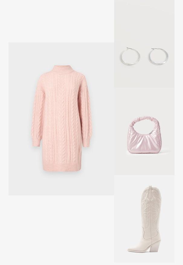 Robe en tricot côtelé rose doux avec de longues manches et un col montant, un ourlet et des poignets côtelés sur fond blanc.; Bottine de cowboy en cuir blanc avec un bout pointu et un talon bloc. Présente des motifs de broderie complexes sur la tige et une texture lisse.; Sac à main rose rembourré avec un design arrondi, fabriqué à partir d'un matériau brillant. Dispose d'une poignée froncée et d'une fermeture éclair pour un accès sécurisé.; Boucles d’oreilles créoles en métal argenté avec une surface lisse légèrement incurvée et des fermoirs à clapet sur un fond blanc uni.