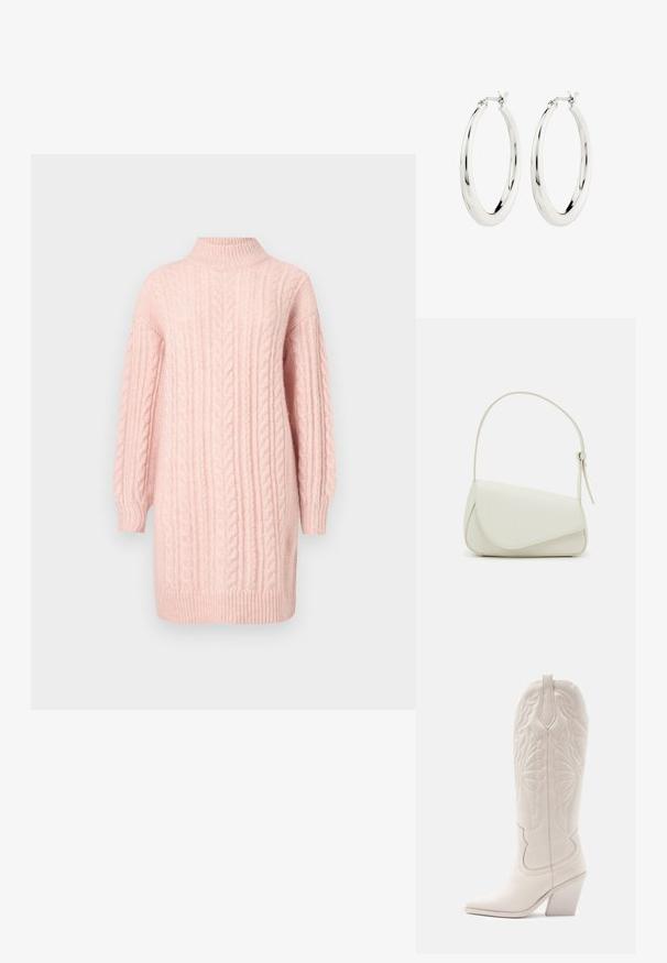 Zacht rozenkwarts kabel gebreide sweaterjurk met lange mouwen en een ribbel hals, zoom en manchetten op een witte achtergrond.; Witte leren cowboylaars met een spitse neus en een vierkante hak. Heeft ingewikkelde stikpatronen op de schacht en een soepele textuur.; Witte nepleren handtas met een gestructureerde driehoekige vorm, een enkele verstelbare schouderriem en een klep met ronde accenten.; Zilveren oorbellen in de vorm van een gladde, glanzende ring. Circulaire vorm, voorzien van een veilige sluiting. Eenvoudig en elegant ontwerp.