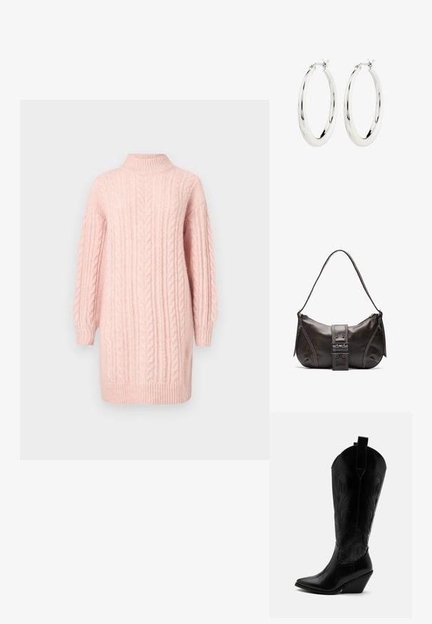 Weiches pinkfarbenes Strickkleid mit langen Ärmeln sowie einem gerippten Stehkragen, Saum und Bündchen auf weißem Hintergrund.; Schwarzer Leder-Cowboystiefel mit spitzer Zehe, schrägem Blockabsatz, dekorativer Naht und Zuglaschen oben vor weißem Hintergrund.; Braune Lederumhängetasche mit gebogener Form, die mit einem auffälligen Schnallendetail, kontrastierenden Nähten und einem einzigen Schulterriemen ausgestattet ist.; Silberne Creolen mit einer glatten, glänzenden Oberfläche. Kreisform, ausgestattet mit einem sicheren Verschluss. Einfaches und elegantes Design.
