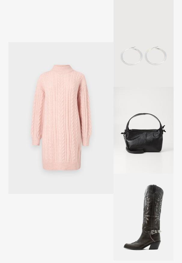 Robe en tricot côtelé rose doux avec de longues manches et un col montant, un ourlet et des poignets côtelés sur fond blanc.; Botte de cowboy en cuir noir avec découpes décoratives, boucle argentée et talon incliné, présentée sur fond blanc.; Sac à main en cuir noir au design structuré, avec une poignée arrondie et une bandoulière amovible. Présente une texture lisse et un éclat subtil.; Paire de boucles d'oreilles créoles argentées brillantes avec fermoirs en fil fin, présentée sur un fond gris clair.