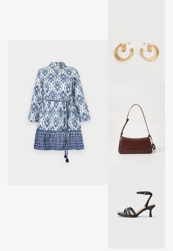 Vestido blanco con estampados florales y geométricos en azul, diseño con cuello, mangas largas, cintura ceñida y parte inferior con estampado y detalles de borlas.; Sandalias negras de tacón alto con múltiples tiras finas en la parte delantera, una sola tira en el tobillo con un hebilla dorada y punta cuadrada.; Bolso de cuero marrón con una silueta curvada, una sola correa y herrajes dorados. Cuenta con un acento trenzado y una textura suave y mate.; Par de pendientes de aro doble brillante de oro con cierres de presión sobre un fondo blanco.