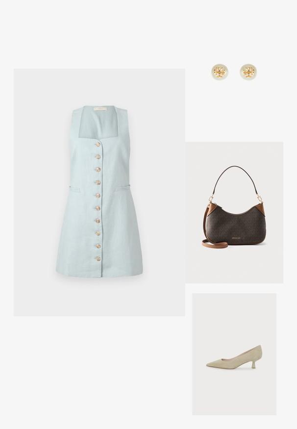 Hellblaues Leinenkleid mit quadratischem Ausschnitt, Frontknöpfen und zwei Seitentaschen. Hat eine figurschmeichelnde Silhouette und ein knielanges Design.; Beiger Veloursleder-Damenspitzpumps mit niedrigem, schlankem Kittenheel und einer glatten, matten Oberfläche.; Braune Michael Kors Schultertasche mit goldenem Logo, gewölbtem Reißverschluss am oberen Rand und verstellbarem Riemen vor einem schlichten weißen Hintergrund.; Perlen-Stifte mit goldfarbener Hardware und einem ausgeschnittenen Logodesign. Glatte, runde Form und glänzende Oberfläche.