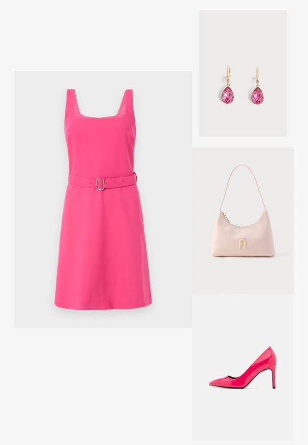 Roze mouwloze jurk met een vierkante halslijn, een getailleerde taille en een bijpassende riem. Rechte textuur met een getailleerd silhouet.; Felroze patenten leren hoge hakkenpomp met een spitse neus en een slank silhouet, met een dunne stiletto hak en een zwarte binnenkant.; Roze synthetische handtas met een gebogen silhouet, gouden logokleuraccent en ritssluiting. Voorzien van een enkele draagriem.; Gouden haakoorbellen met grote druppelvormige roze edelstenen en kleine ronde heldere stenen boven de druppels op een effen achtergrond.
