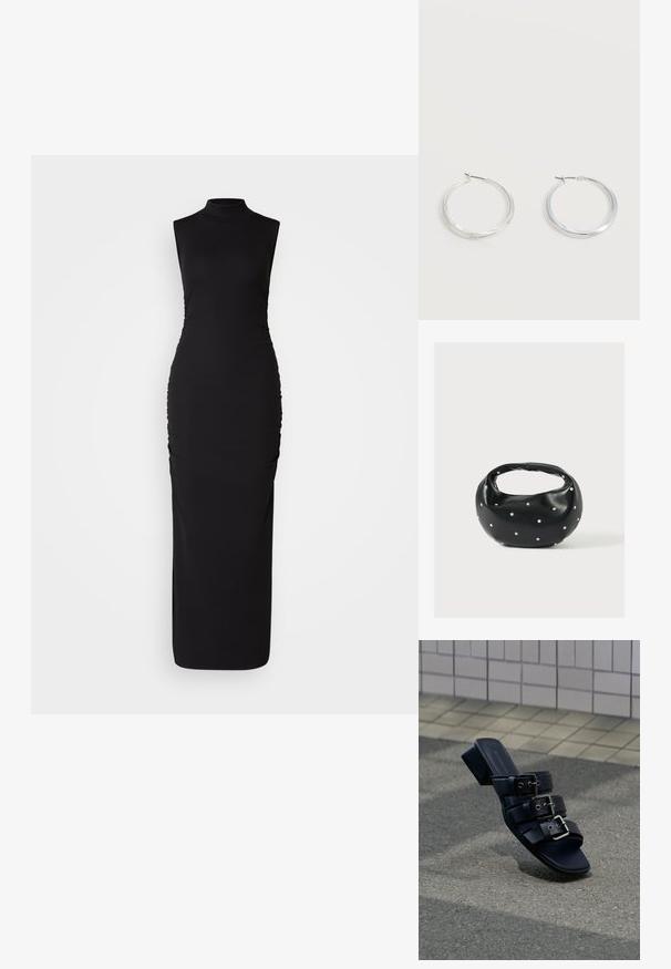 Vestido negro sin mangas con cuello alto, hecho de una tela elástica. Presenta fruncidos laterales para añadir textura, una silueta ceñida y longitud hasta el suelo.; Sandalia mule negra de punta abierta con tres correas con hebillas y un tacón bajo tipo bloque colocada sobre una superficie de asfalto cerca de un pavimento de baldosas.; Bolso de mano de cuero negro con forma redondeada, decorado con detalles de tachuelas plateadas y un asa corta. Textura lisa y cierre con cremallera.; Pendientes de aro de metal plateado con superficie lisa y ligeramente curvada y cierre de tipo mosquetón sobre un fondo blanco liso.