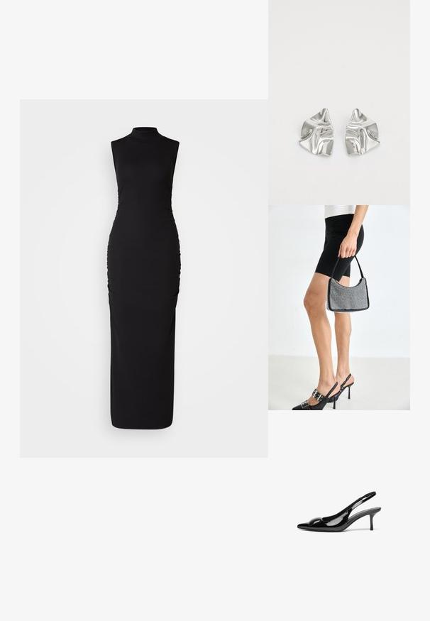 Vestido negro sin mangas con cuello alto, hecho de una tela elástica. Presenta fruncidos laterales para añadir textura, una silueta ceñida y longitud hasta el suelo.; Tacones slingback de charol negro con punta afilada y acabado brillante. Presentan un tacón delgado y un acento redondeado en el empeine.; Bolso de cuentas negras con una silueta curva, asa de transporte y textura brillante. Llevado con zapatos de tacón altos negros y pantalones cortos negros ajustados.; Pendientes de metal plateado con un diseño ondulado y escultórico, que presentan un acabado pulido y formas irregulares, destacando una estética contemporánea.