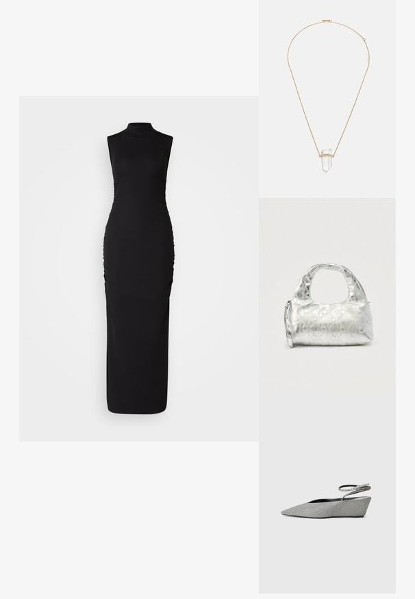 Vestido negro sin mangas con cuello alto, hecho de una tela elástica. Presenta fruncidos laterales para añadir textura, una silueta ceñida y longitud hasta el suelo.; Zapatos de tacón de cuña plateados con punta puntiaguda, parte superior de tela texturizada y detalle de correa en el tobillo. Interior negro y suela de goma.; Bolso plateado con un patrón texturizado de formas geométricas y círculos, que cuenta con un asa redondeada y una correa desmontable.; Collar de cadena de oro con un colgante de cristal transparente envuelto en una banda texturizada con pequeños acentos claros. El colgante es alargado y puntiagudo.