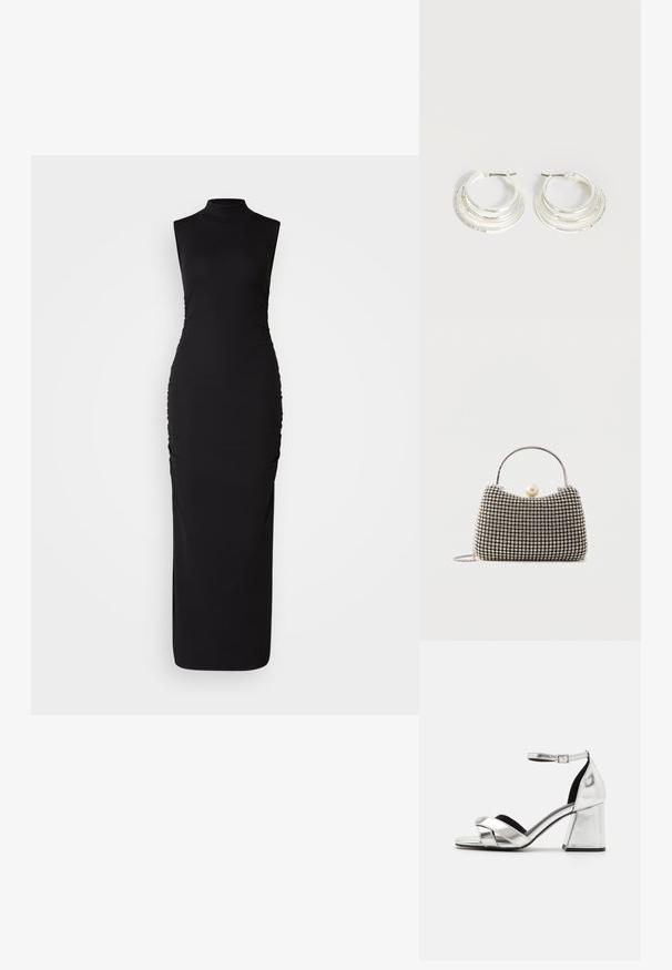 Vestido negro sin mangas con cuello alto, hecho de una tela elástica. Presenta fruncidos laterales para añadir textura, una silueta ceñida y longitud hasta el suelo.; Sandalias de tacón alto metálicas plateadas con diseño de tiras cruzadas, correa en el tobillo y tacón bloque. Superficie suave con forro interior negro.; Pequeño bolso de mano con patrón de cuadrícula plateada, asa curva, gran cierre de perla y una delgada correa de cadena plateada sobre un fondo liso.; Pendientes de aro de plata con tres bandas semicirculares superpuestas, una adornada con pequeños cristales transparentes sobre un fondo claro.