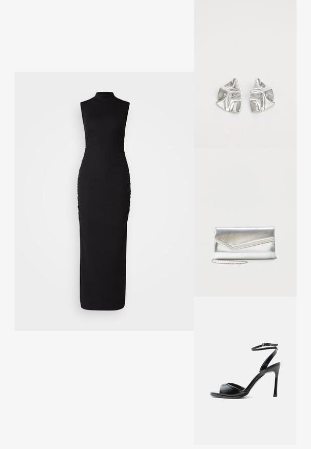 Vestido negro sin mangas con cuello alto, hecho de una tela elástica. Presenta fruncidos laterales para añadir textura, una silueta ceñida y longitud hasta el suelo.; Sandalia negra de tacón alto con puntera abierta, tacón de aguja delgado y correa en el tobillo con hebilla sobre fondo blanco.; Bolso clutch plateado brillante con solapa de estilo sobre y adorno decorativo, pequeña correa de cadena plateada, sobre fondo liso claro.; Pendientes de metal plateado con un diseño ondulado y escultórico, que presentan un acabado pulido y formas irregulares, destacando una estética contemporánea.